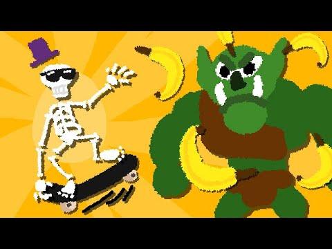 Zombey ist ein Bananen werfendes Skelett auf einem Skateboard.