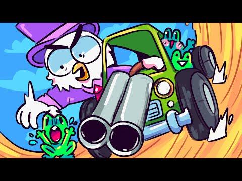 Zombey rettet Frösche mit seinem Schrotflinten-Auto.
