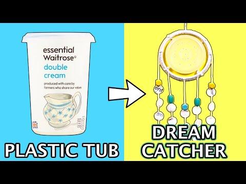 CHEAP & EASY PLASTIC TUB DREAM CATCHER DIY *Recycle Old Plastic Pots Into Cute Dream Catcher Mobiles